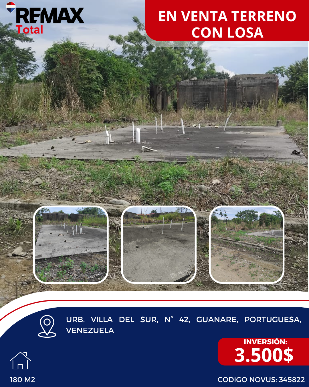 En Venta Terreno con Losa ubicado en Guanare, Urb. Villa del Sur, N° 42, Guanare, Portuguesa, Venezuela.